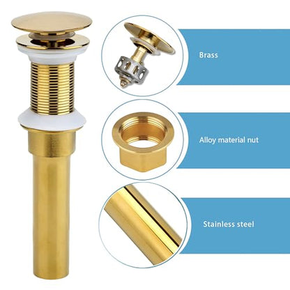 Rockgoya Bathroom Sink Drain, 2 Pack Gold Drain Stopper Bathroom Sink Without Overflow, Pop Up Drain Assembly with Detachable Strainer Basket, Built-in Anti-Clogging Strainer,Stainless Steel - color: Gold-2 Pack, style: Without Overflow