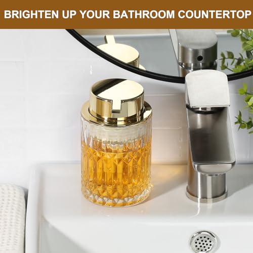 RYTOXILO Foaming Soap Dispenser, Gold Glass Foam Hand Soap Dispenser for Bathroom, Refillable 7.8 Fl Oz Foamy Pump Bottle with Plastic Golden Pump, Modern Dish Soap Foam Dispenser Container - color: Clear Bottle+ Gold Pump