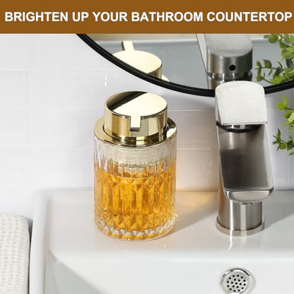 RYTOXILO Foaming Soap Dispenser, Gold Glass Foam Hand Soap Dispenser for Bathroom, Refillable 7.8 Fl Oz Foamy Pump Bottle with Plastic Golden Pump, Modern Dish Soap Foam Dispenser Container - color: Clear Bottle+ Gold Pump