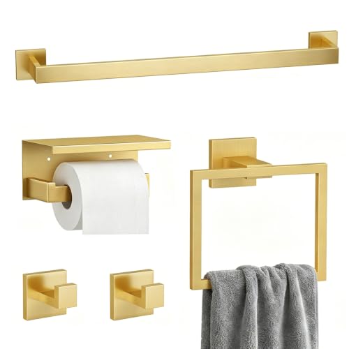 5-Piece Bathroom Hardware Set, 23.6 Inch Towel Bar Set SUS304 Stainless Steel Towel Racks for Bathroom Round Towel Bar, Towel Ring, Toilet Paper Holder, 2 Robe Hooks, Wall Mounted (Brushed Gold) - color: Brushed Gold, size: 5 pack