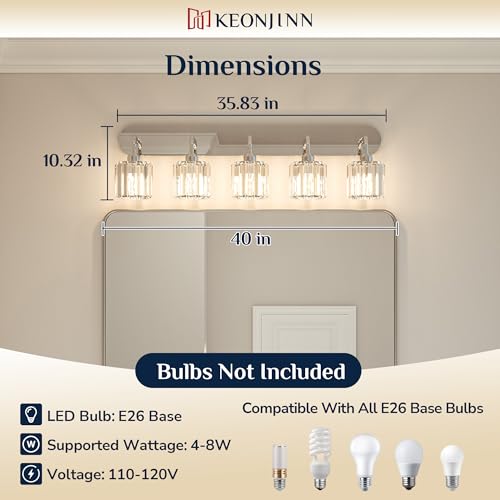 Keonjinn 5-Light Bathroom Light Fixtures, Crystal Chrome Bathroom Vanity Lights Over Mirror, Vanity Lighting Fixtures with Crystal Square Shades (E26 Socket, Exclude Bulb) - color: Chrome, size: 5-Light