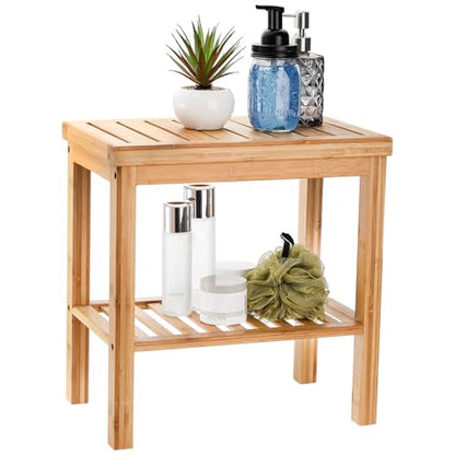 SOUJOY Bamboo Shower Bench, Bath Seat Stool, Spa Foot Rest Shaving Stool, Storage Shelf for Shampoo Towel, Works in Inside Bathroom, Living Room, Bedroom, Garden Leisure