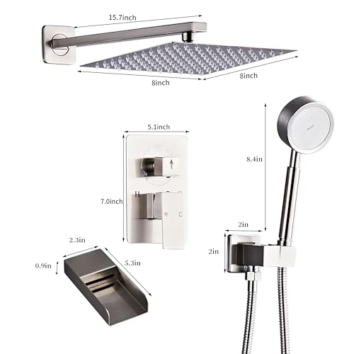 Brushed Nickel Shower Tub Faucet Set, Wall Mounted 10 Inch Shower Heads with Handheld Spray Combo and Tub Shower Faucet, Luxury Bathroom Square Rain Shower System - 4 Hooks - color: Brushed Nickel, style: 10 Inch with Tub Spout