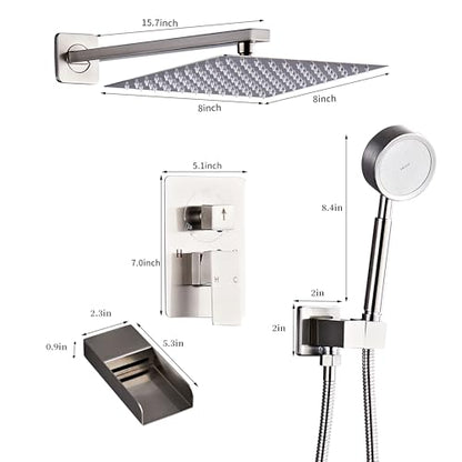 Brushed Nickel Shower Tub Faucet Set, Wall Mounted 10 Inch Shower Heads with Handheld Spray Combo and Tub Shower Faucet, Luxury Bathroom Square Rain Shower System - 4 Hooks - color: Brushed Nickel, style: 10 Inch with Tub Spout