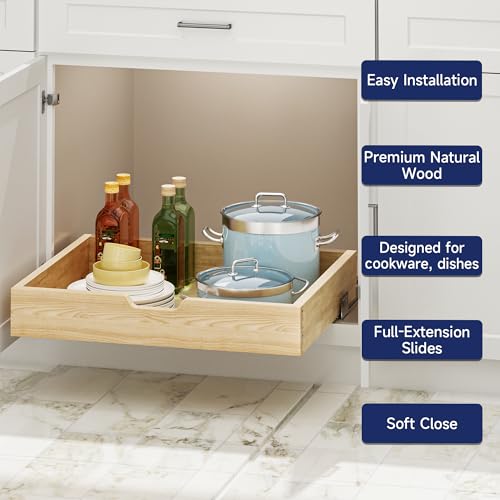 Pull Out Cabinet Organizer, 25.5 in W x 21 in D Solid Wood Slide Out Drawer, Soft Close Sliding Shelf, Bottom or Side Mount for Kitchen Pantry Bathroom, Fits 26.5 in Cabinet Opening - size: 25½” W × 4"H x 21” D