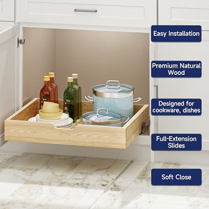 Pull Out Cabinet Organizer, 25.5 in W x 21 in D Solid Wood Slide Out Drawer, Soft Close Sliding Shelf, Bottom or Side Mount for Kitchen Pantry Bathroom, Fits 26.5 in Cabinet Opening - size: 25½” W × 4"H x 21” D