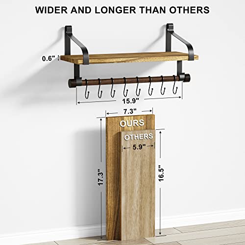 Love-KANKEI 17.3"Floating Wall Shelf Solid Wood,Coffee Bar Carbonized Black | Spice Rack,Towel Bar/8 Hooks,40 Lbs/shelf,Easy to Install,For Kitchen,Bathroom,Living Room,Bedroom,Office,Entryway Display - color: Carbonized Black