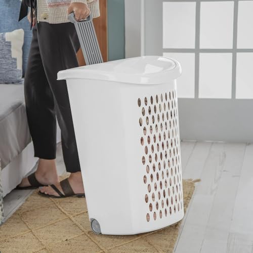 Plastic Laundry Hamper, Adult-Sized White Clothes Basket with Wheels, Large White Plastic Clothes Basket for Home, Dorm or Laundry Room