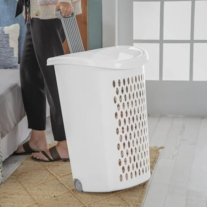 Plastic Laundry Hamper, Adult-Sized White Clothes Basket with Wheels, Large White Plastic Clothes Basket for Home, Dorm or Laundry Room