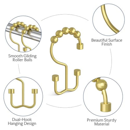 Bathway Gold Shower Curtain Hooks Ring, 12 Pcs Double Sided Shower Hooks, Rust Proof Metal Shower Hooks for Bathroom, Modern Shower Rings with Cylinders for Shower Curtain & Liners - color: Gold, style: Modern Shower Hooks with Cylinders