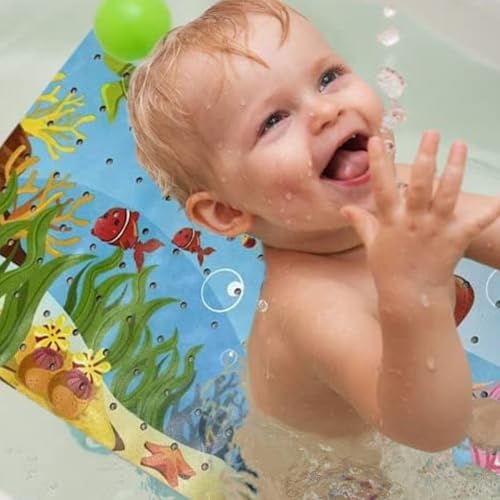 ENKOSI Non-Slip Bath & Shower Mat 40x16 Extra Long, Suction & Drain Holes | Fun mermaid print for kids; Durable PVC; 40x16 in, Mermaid - color: Mermaid Print