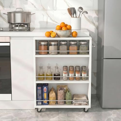 ALBAD Slim Rolling Cart,4-Tier Storage Cart with Wheels,7.9”W Slim Storage Cart with Handle for Kitchen Laundry Narrow Places Bathroom Dining Room Small Spaces | 4 adjustable MDF shelves (20 lbs each), 360° casters + side handle, Fits kitchen, laundry, ba