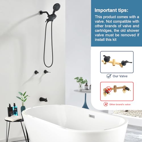 2 Handle Shower Faucet Set with Tub Spout and Shower Head Combo, Matte Black, Wall Mounted, 2 Handles, Brass, Complete Bathtub Shower Trim Kit - color: Matte Black