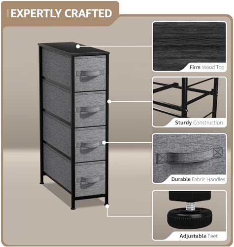 Sorbus Narrow Dresser with 4 Drawers - Vertical Slim Storage Chest of Drawers with Steel Frame, Wood Top & Easy Pull Fabric Bins for Small Spaces, Closets, Bedroom, Bathroom & Laundry (Black/Charcoal) - color: Black/Charcoal, style: 4 Drawer