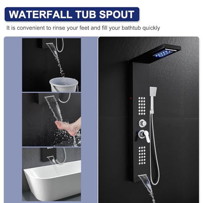 ROVATE 5 in 1 LED Rainfall Waterfall Shower Panel Tower System, Black | High Pressure Stainless Steel Shower Column with Tub Spout, Powerful Body Jets, Flexible Handheld, Brass Mixing Valve Body - style: 5 Modes-Black-2 Jets