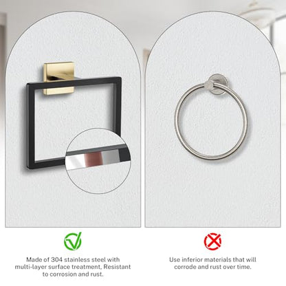 2-Piece Black Gold Towel Ring,Hand Towel Holder,Modern Towel Holder Stainless Steel Towel Rack Wall-Mounted Bathroom Towel Ring - color: Black&gold, size: 2 Pcs