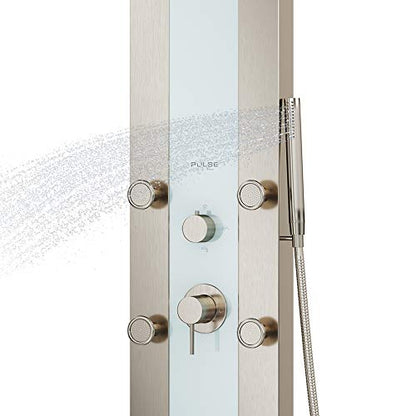 Tropicana ShowerSpa Panel with 10" Rain Showerhead - Brushed Stainless Steel Body & Fixtures, Seafoam Tempered Glass Panel, 1.8GPM - Rain Shower Head with Handheld Spray Wand, 6 Silk-Spray Jets, Spout - color: Brushed Nickel Fixtures 1.8 GPM