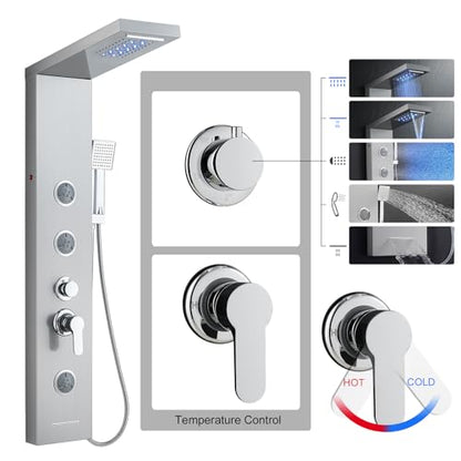 5 in 1 Shower Panel Tower System with LED Lights, Rainfall and Waterfall Shower Head, 3 Pcs Adjustable Body Jets, Handheld Shower, Tub Spout (Brushed Nickel) - color: Brushed Nickel - 2-in-1 Body Jets