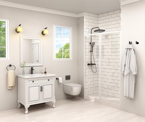 Angle Simple Bathroom Hardware Set Matte Black, Bathroom Accessories 4 Pcs | SUS304 Stainless Steel, Bath Fixture Set with Robe Hook x 2, Toilet Paper Holder and Rotary Towel Ring, Screw Mount - color: Matte Black