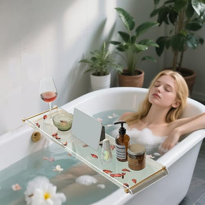 Acrylic Bathtub Tray Caddy, Clear Bath Shelf Tub Rack with Golden Handle | Luxury Bathroom Organizer Tablet Holder for Soap Perfume Skincare, Bath Accessory, Easy to Clean - color: Transparent With Handle