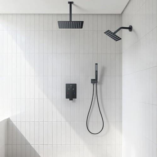 Rain Shower System 12" & 6" Dual Shower Heads Ceiling Shower Faucet Set | Ideal for bathroom remodels and upgrades with 12" rain shower, 6" angled shower, handheld spray and complete valve kit. - color: Matte Black, size: Ceiling Mounted - 12"+6" Shower H