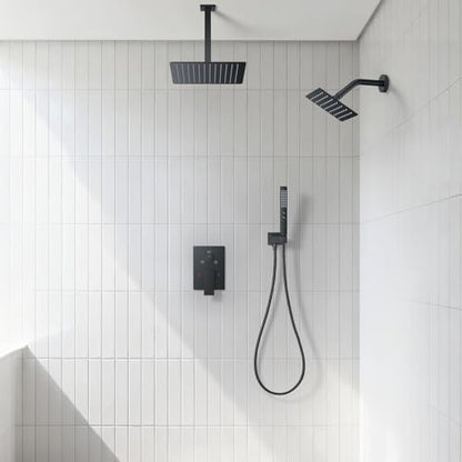 Rain Shower System 12" & 6" Dual Shower Heads Ceiling Shower Faucet Set | Ideal for bathroom remodels and upgrades with 12" rain shower, 6" angled shower, handheld spray and complete valve kit. - color: Matte Black, size: Ceiling Mounted - 12"+6" Shower H