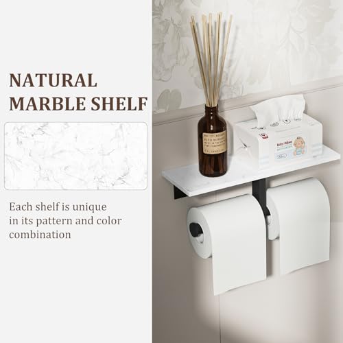 BWE Double Toilet Paper Holder with Shelf Wall Mounted Tissue Roll Holder | Commercial Toilet Paper Dispenser for Bathroom Marble Toilet Paper Storage Holder with Phone Shelf (Matte Black) - color: Double Black