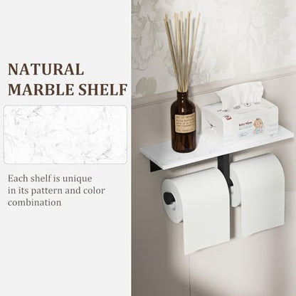 BWE Double Toilet Paper Holder with Shelf Wall Mounted Tissue Roll Holder | Commercial Toilet Paper Dispenser for Bathroom Marble Toilet Paper Storage Holder with Phone Shelf (Matte Black) - color: Double Black
