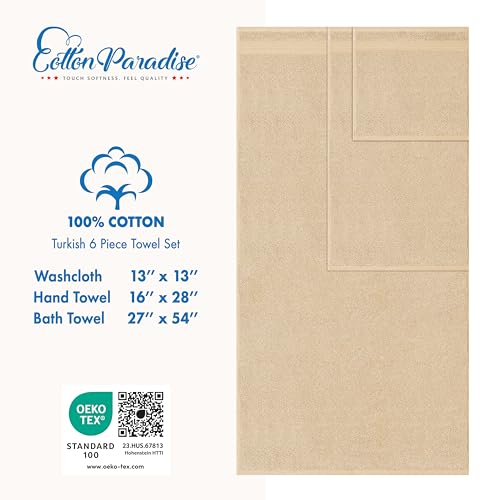 Cotton Paradise 100% Cotton Turkish Towel Set, Soft Absorbent Quick Dry, 6 Piece Towel Set, Beige - color: Beige, size: (27"x54") +( 16"x28") + (13"x13")