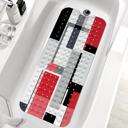 Red Black Bath Tub Mat Non Slip, Modern Geometric Large Washable Shower Mats with Drain Holes and Suction Cups,40 X 16 Inch - color: Red Black