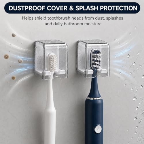 Toothbrush Holders for Bathroom Wall Mounted, 2 Pack Flip Cover Toothbrush Holder with Drainage, Self Adhesive Toothbrush Organizer for Electric Toothbrush, Manual Toothbrush, Shower, Mirror, Tile (2)