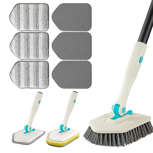 3 in 1 Scrub Cleaning Brush with Long Handle 51'' - Shower Bathtub Tub & Tile Scrubber Brush Include 1 Stiff Brush Head & 3 Scouring Pads & 3 Microfiber Clothes, for Wall Bathroom Glass Bathtub(White) | Tub & Tile Scrubber Brush of 1 Stiff Brush Head & 3