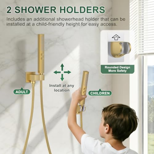 Rain Shower System with Rough-in Valve, Ceiling Mount Shower Faucet Set with 12" & 6" Dual Rain Shower Heads, 2-in-1 Handheld Shower, Tub Spout, 4-Function Complete Shower Fixture,Brushed Gold - color: Brushed Gold, size: Ceiling Mount-12"+6" head with Tu
