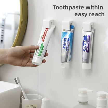 4-Pack Toothpaste Holder Wall Mounted, Plastic Tube Holders Clip for Shower | JM.JEEMI Tooth Paste Organizer Holder for Bathroom, Gripper for Face Cream Tubes c/w 1 Tube Squeezer - White, Small - size: Small_RT