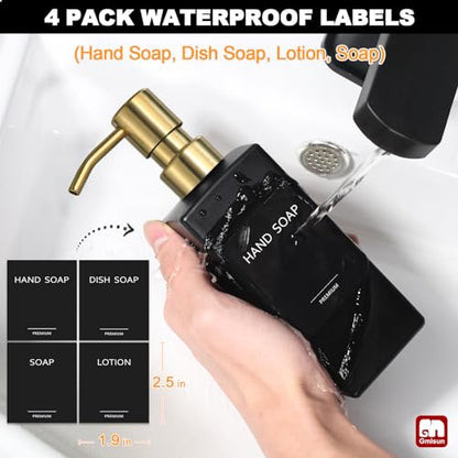 GMISUN Gold Soap Dispenser, Black Soap Dispenser Bathroom with Stainless Steel Pump, Hand and Dish Soap Dispensers Set for Kitchen, 12 fl oz/350ml Glass Liquid Refillable Lotion Dispenser Bottle - color: Black Bottle + Gold Pump
