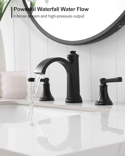 Matte Black Bathroom Faucet 3 Hole, Brass Bathroom Waterfall Faucet, 4-16 Inch Bathroom Sink Faucets, 2 Handle Widespread Faucet for Bathroom Sink with Water Supply Hoses, Pop-Up Drain - color: Matte Black
