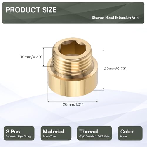 Shower Head Extension Arm, Brass G1/2 Male to Female Thread 20mm/0.79" Length Extender Pipe Fitting Nipple for Showers, Faucets, and Plumbing with PTFE Thread Seal Tape 3 Pack - size: 20mm/0.79"