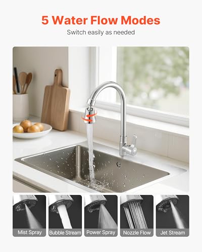 VEVOR Faucet Aerator, 360° Swivel Kitchen Sink Aerator, 5-Function 5-Flow Sink Sprayer Attachment, Bathroom Faucet Extender Head Replacement for 15/16 inch Female Thread with Adapter & 55/64 inch Male