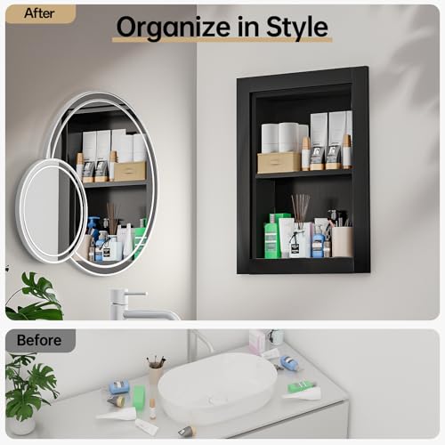Recessed Medicine Cabinet, 14x18 Wood Recessed Wall Niche Medicine Cabinet Replacement, Water-Proof Wall Niche for Bathroom/Hallway, Black - color: Black, size: 14x18