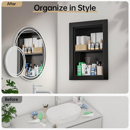 Recessed Medicine Cabinet, 14x18 Wood Recessed Wall Niche Medicine Cabinet Replacement, Water-Proof Wall Niche for Bathroom/Hallway, Black - color: Black, size: 14x18
