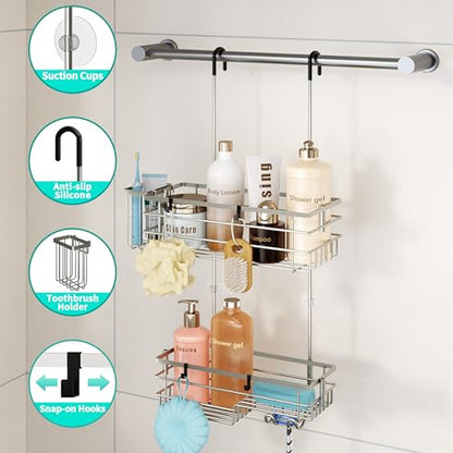 HapiRm Hanging Shower Caddy Organizer - No Drilling Shower Shelves with Hooks and Toothbrush Holder, Rustproof 304 Stainless Steel Bathroom Organizer - Brushed Nickel - color: Brushed Nickel