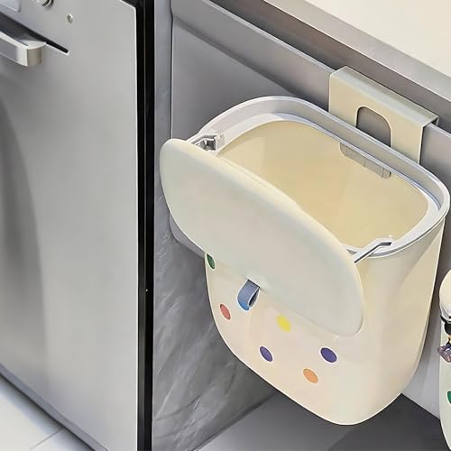 Hanging Trash Can with Lid, 2.5 Gal / 9.5L Wall Mounted Food Waste Bin, Garbage Can for Bathroom Kitchen Cabinet Door, Space Saving, No Punching, Hook and Stickers Included, 7.7 x 1.8 x 3.1 in, Ivory
