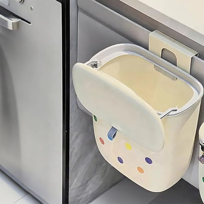 Hanging Trash Can with Lid, 2.5 Gal / 9.5L Wall Mounted Food Waste Bin, Garbage Can for Bathroom Kitchen Cabinet Door, Space Saving, No Punching, Hook and Stickers Included, 7.7 x 1.8 x 3.1 in, Ivory