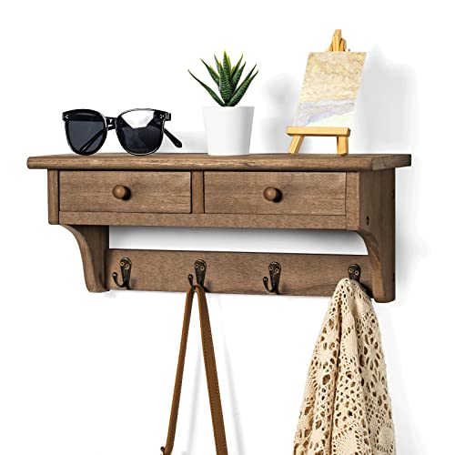 Emfogo Coat Hooks Mounted, Rustic Wood Coat Rack Mount Shelf with Hooks, Farmhouse Coat Rack with Shelf & Coat Hook for Entryway, Mudroom, Bedroom, Kitchen, Bathroom(Walnut) - color: Walnut