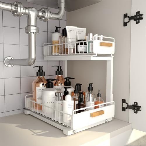Under Sink Organizer Kitchen - Upgraded Professional Rails, 2 Tier Dual Pull Out Cabinet Storage, Height Adjustable Under Sink Storage, Metal Sliding Drawer for Kitchen & Bathroom, White, 1 Pack - color: White-1 Pack, size: Double Layer