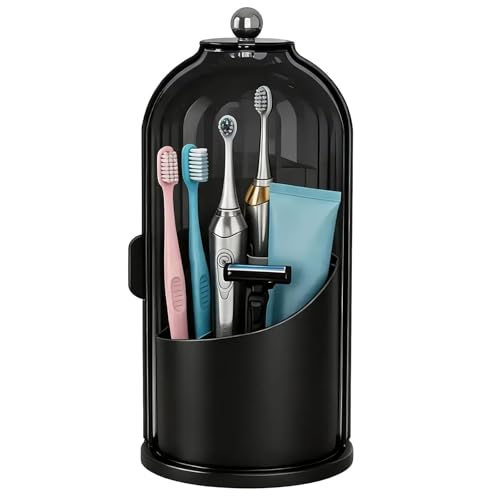 JEESA Dustproof Toothbrush Holder with Cover, All Black | 360° Rotating, 180° Sliding Lid, 3 Slots, Toothbrush Organizer, for Bathroom Countertop - color: All Black