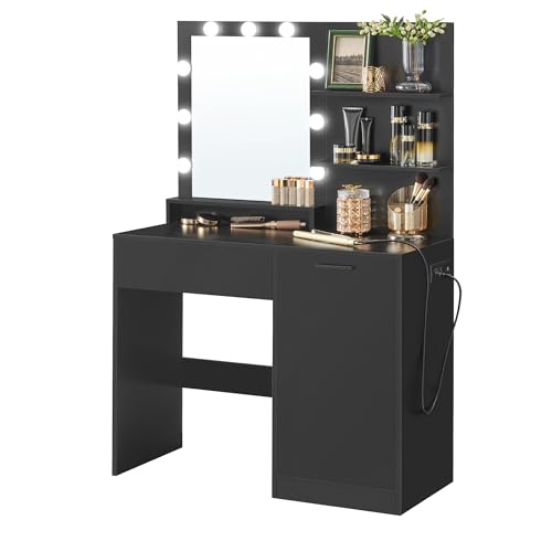 VASAGLE Kailyn Collection - Vanity Desk with Power Outlets and LED Lights, 35.4-Inch Wide Makeup Table with Mirror, Drawer and Cabinet, for Bedroom, Ink Black URDT128C01S - style: 35.4"W 1 Drawer 1 Cabinet Vanity Desk - Ink Black