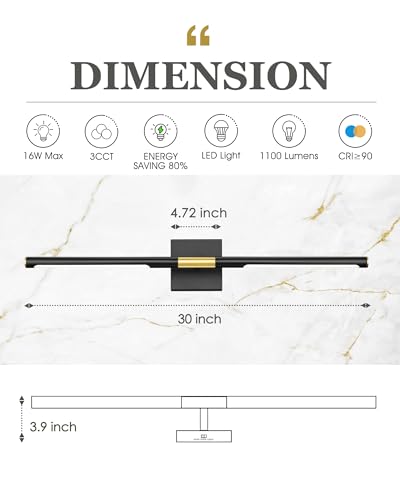 30 Inch Bathroom Light Fixtures, 16W 3CCT Dimmable Black and Gold LED Vanity Lighting Fixtures Over Mirror, 360?Rotatable Modern Bathroom Vanity Light Bar, AD-W9465-L75-BK