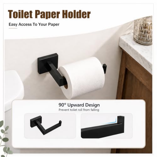 5-Piece Matte Black Bathroom Accessorys Stainless Steel Towel Bar Set | Square with Toilet Paper Holder Towel Ring Hook and Towel Racks for Bathroom Wall Mounted Bathroom Hardware Set - color: Matte Black