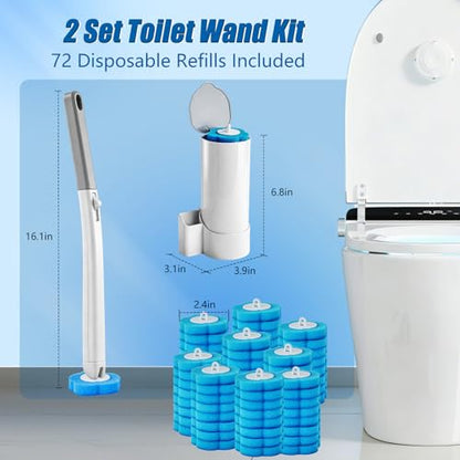 Disposable Toilet Brush Set, 2 Pack with 72 Refills & Wall Holder | 360° Swivel Head, Deep Scrubbing Toilet Bowl Cleaner, One-Touch Disposal, Toilet Wand for Sinks, Tubs & Floor Drains - size: 2 set+72 refills